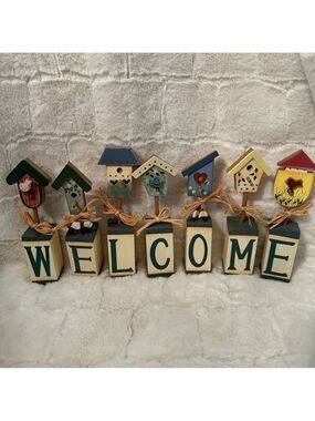 Welcome Birdhouses Wooden Blocks. New. Raffia Bows. Folk Art Farmhouse Decor.